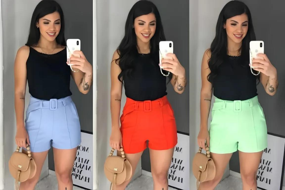 Modelo veste regata preta e shorts de alfaiataria com cinto nas cores azul, laranja e verde da Dona Sandra Confecções